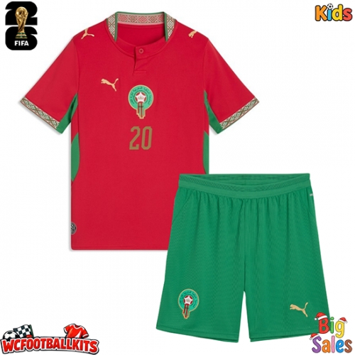 Morocco Ayoub El Kaabi #20 Replica Home Stadium Kit for Kids World Cup 2026 Short Sleeve (+ pants)